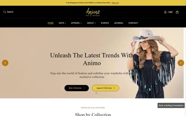 Animo Hat & Apparel website homepage