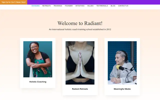 Radiant Coaches Academy website homepage